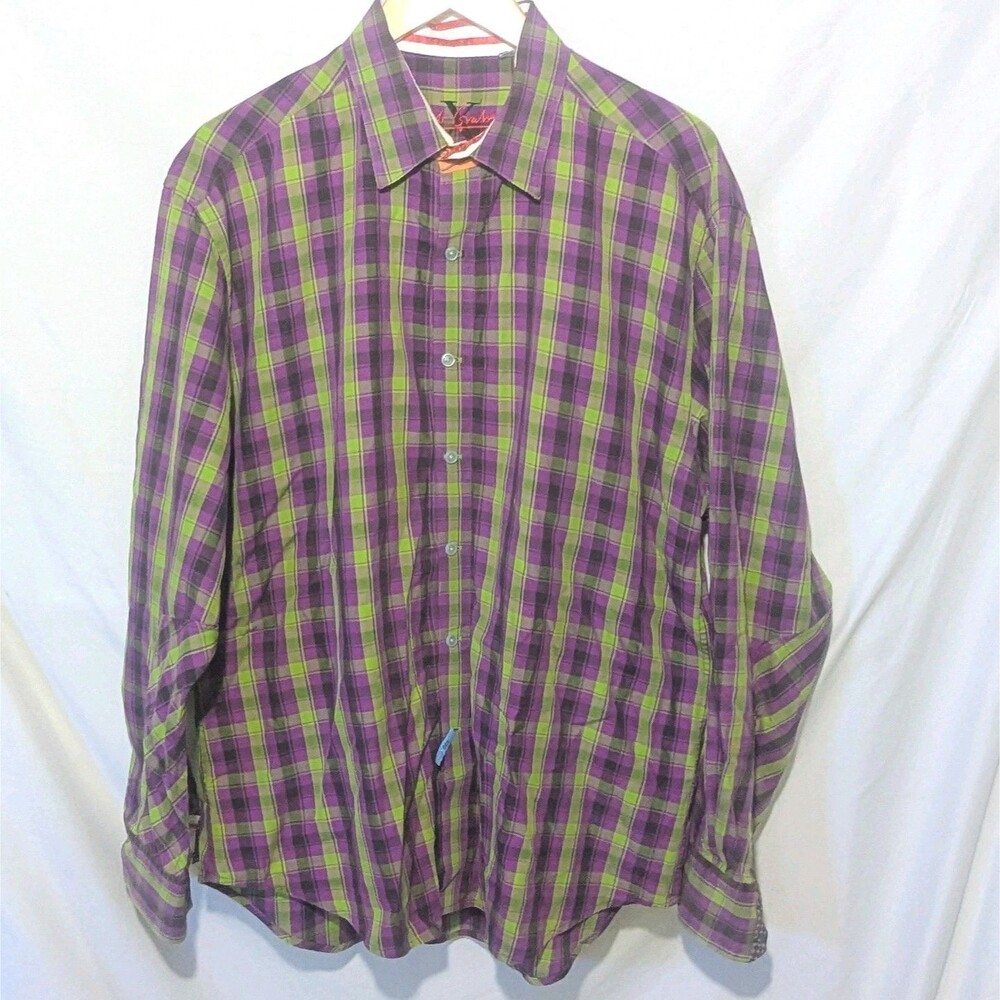Robert Graham X Plaid Button Down Shirt Classic Fit Men's Size 2XL Purple Green